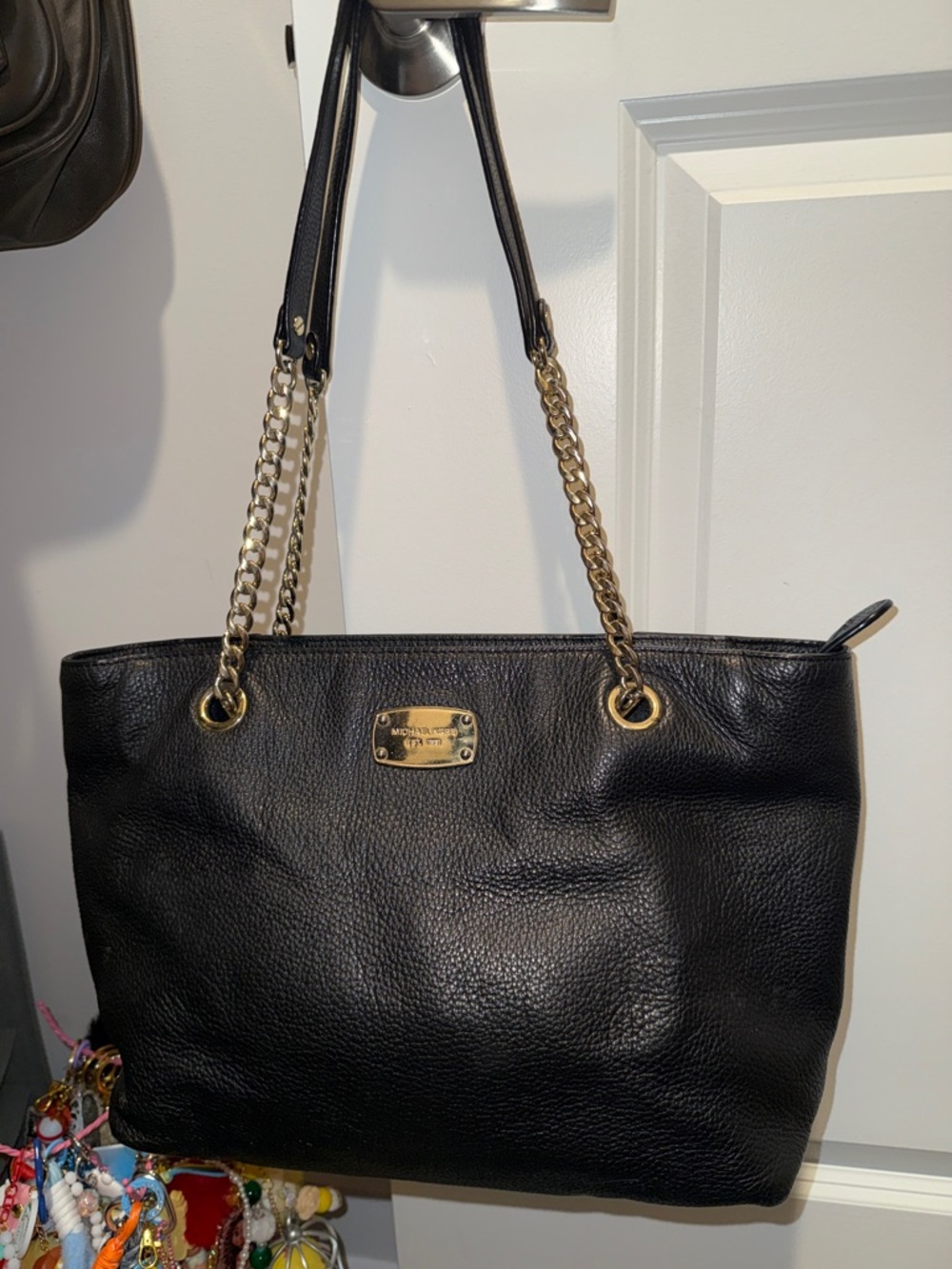 Michael Kors Black Pebbled Leather Tote with Gold Chain Straps
